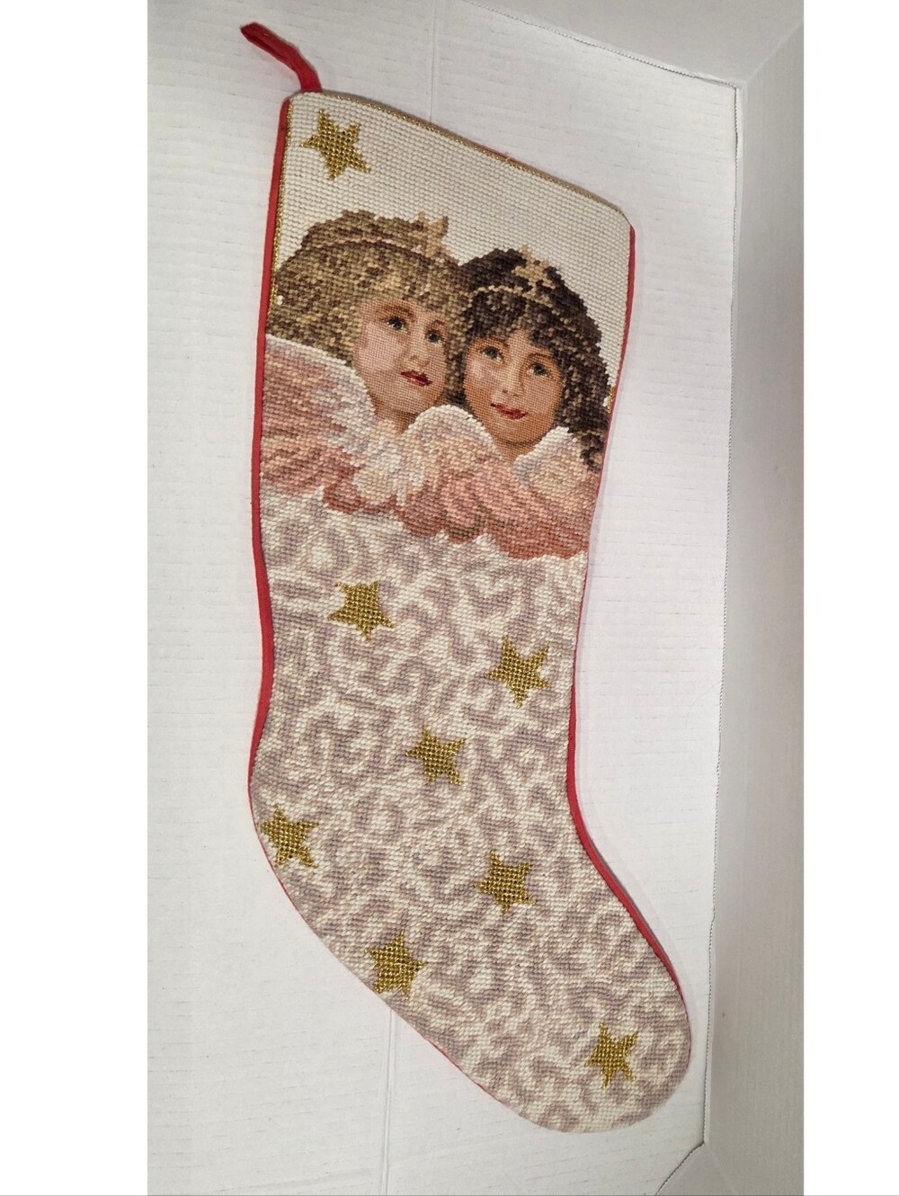 Vintage Needlepoint Angels And Stars Holiday Stocking
